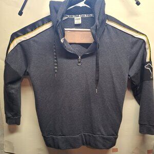 Victorias Secret PINK Hoodie Medium 1/4 Zip Gray Sweatshirt Dog Pup Stripes Logo